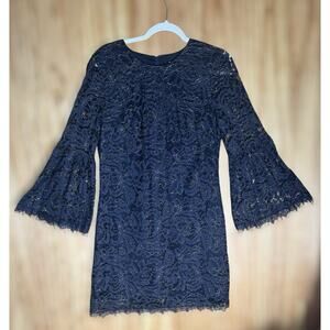 Dark Gothic Lace Bell Sleeve Navy Gold Mini Dress Sz M Witchy Romantic Cocktail